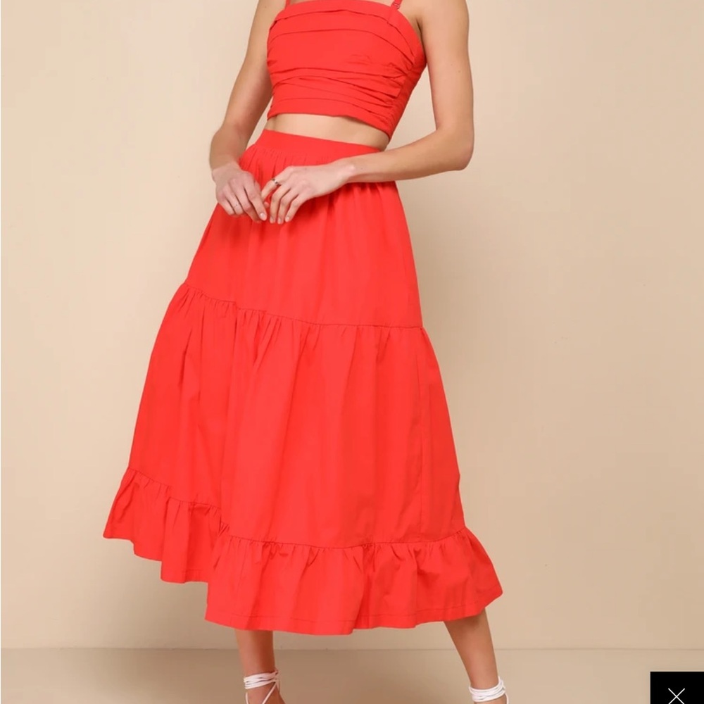 Lulus Red Cotton Tiered Midi Skirt